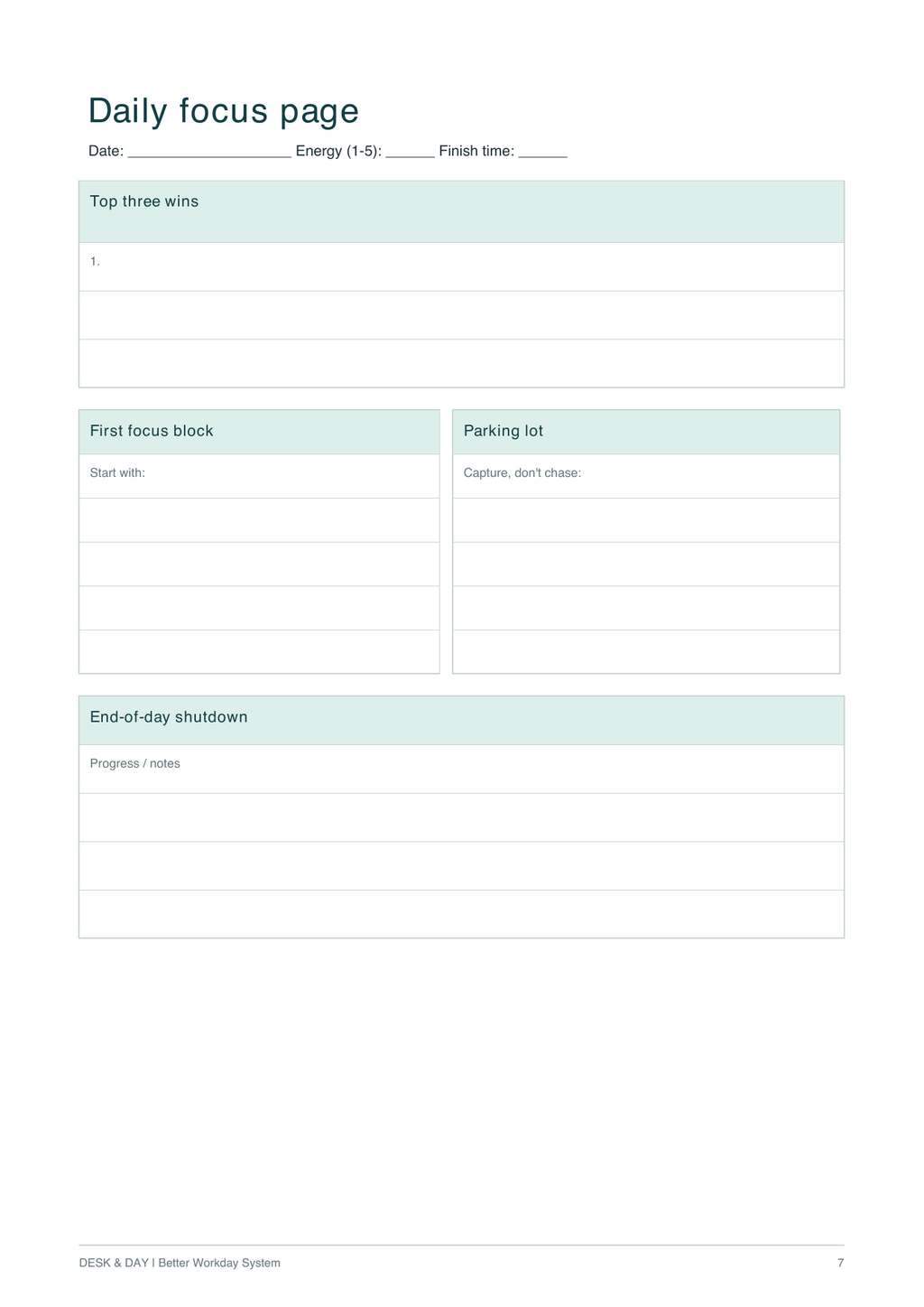 Daily focus and end-of-day shutdown page