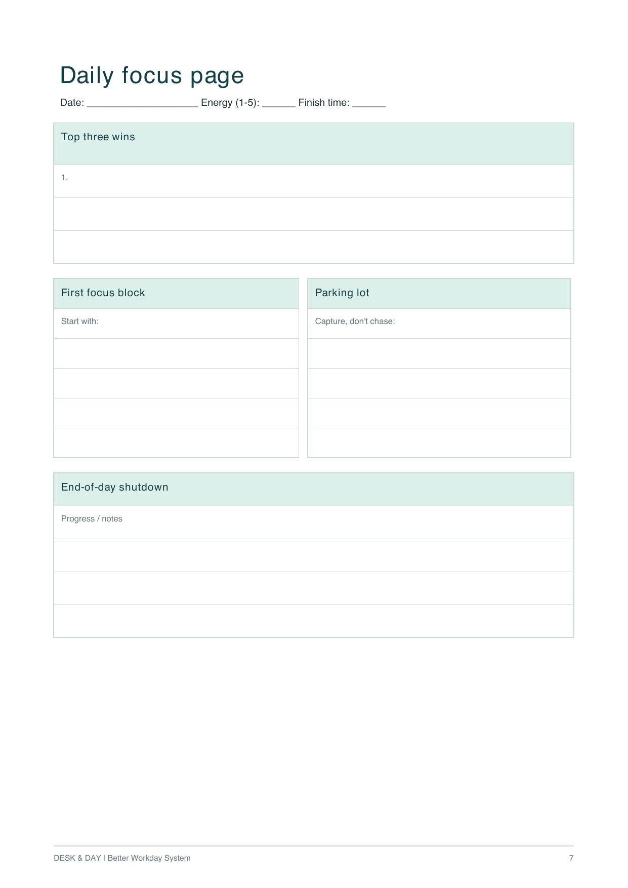 Daily focus and end-of-day shutdown page