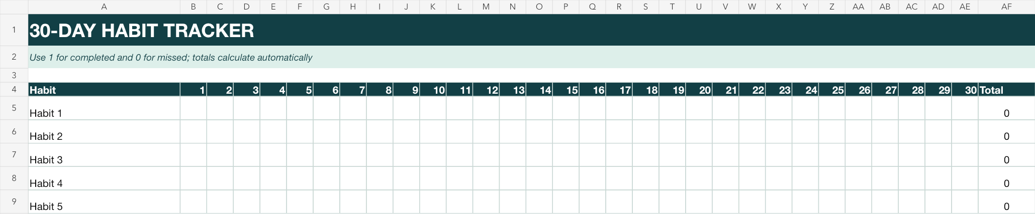Editable 30-day habit tracker