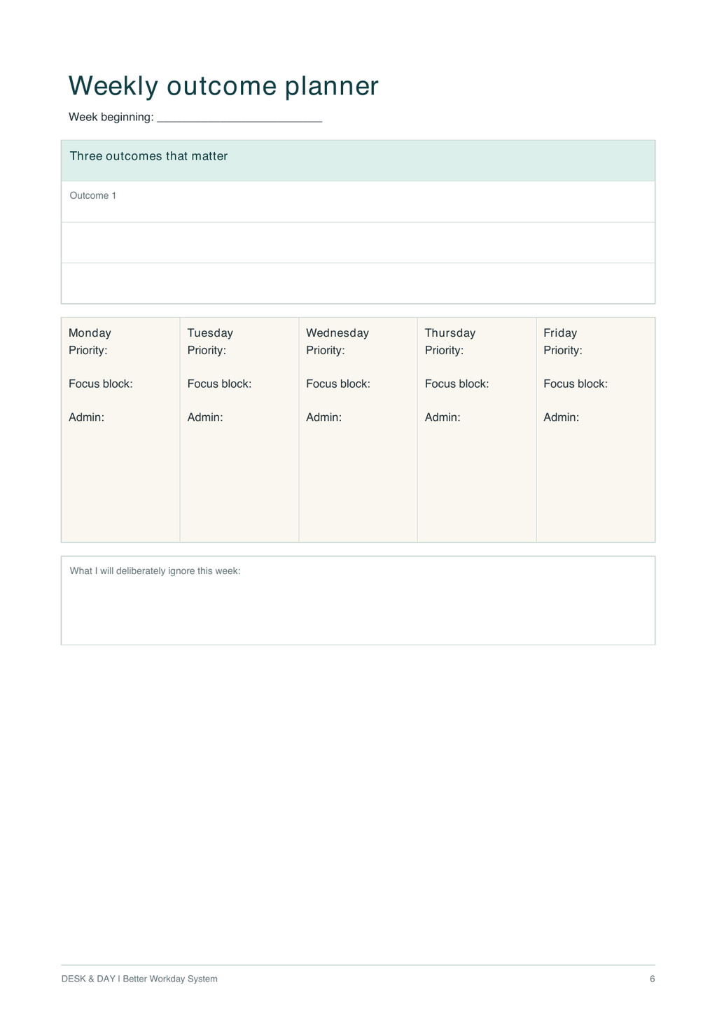 Weekly outcome planner included in the Better Workday System