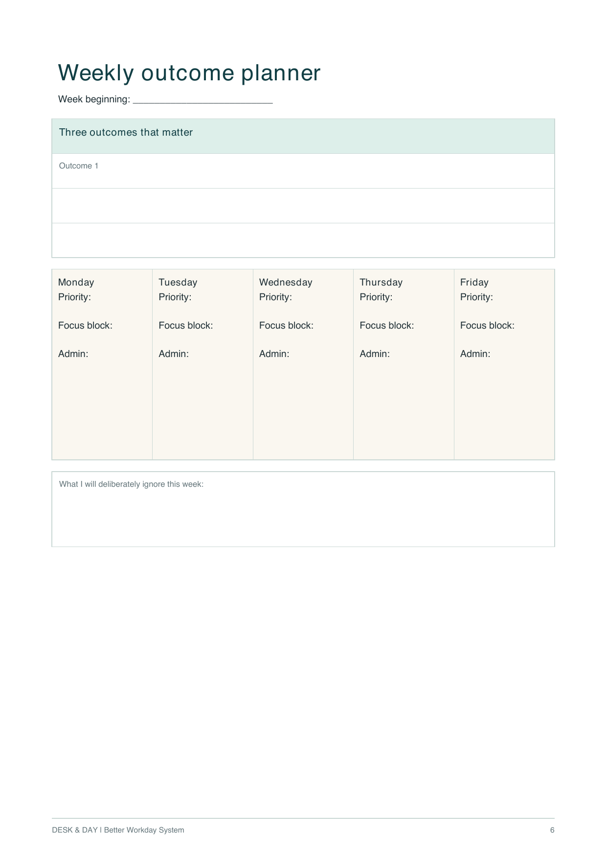 Weekly outcome planner included in the Better Workday System
